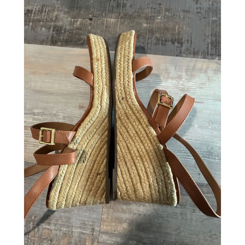 Vionic Womens Tan Brown Leather Espadrille Wedge Sandals Strappy Buckle Heel - Picture 8 of 12